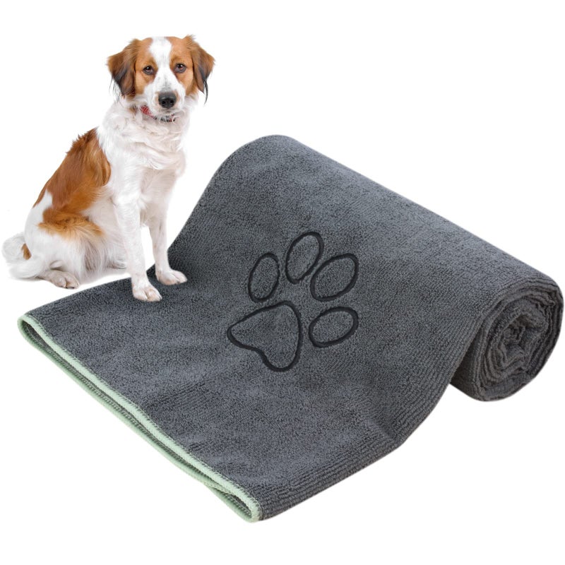 KinHwa Dog Towel Super Absorbent Microfiber Dog Drying Towel Soft Pet Bath Towel for All Dogs and Cats with Embroidered Paw Print 30inch x 50inch Gray - Image 1
